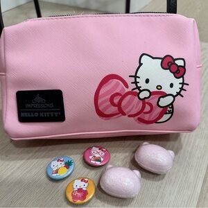 Excellent like new Hello Kitty Pink Bow Cosmetic Bag Lot with 2 bath bombs pins